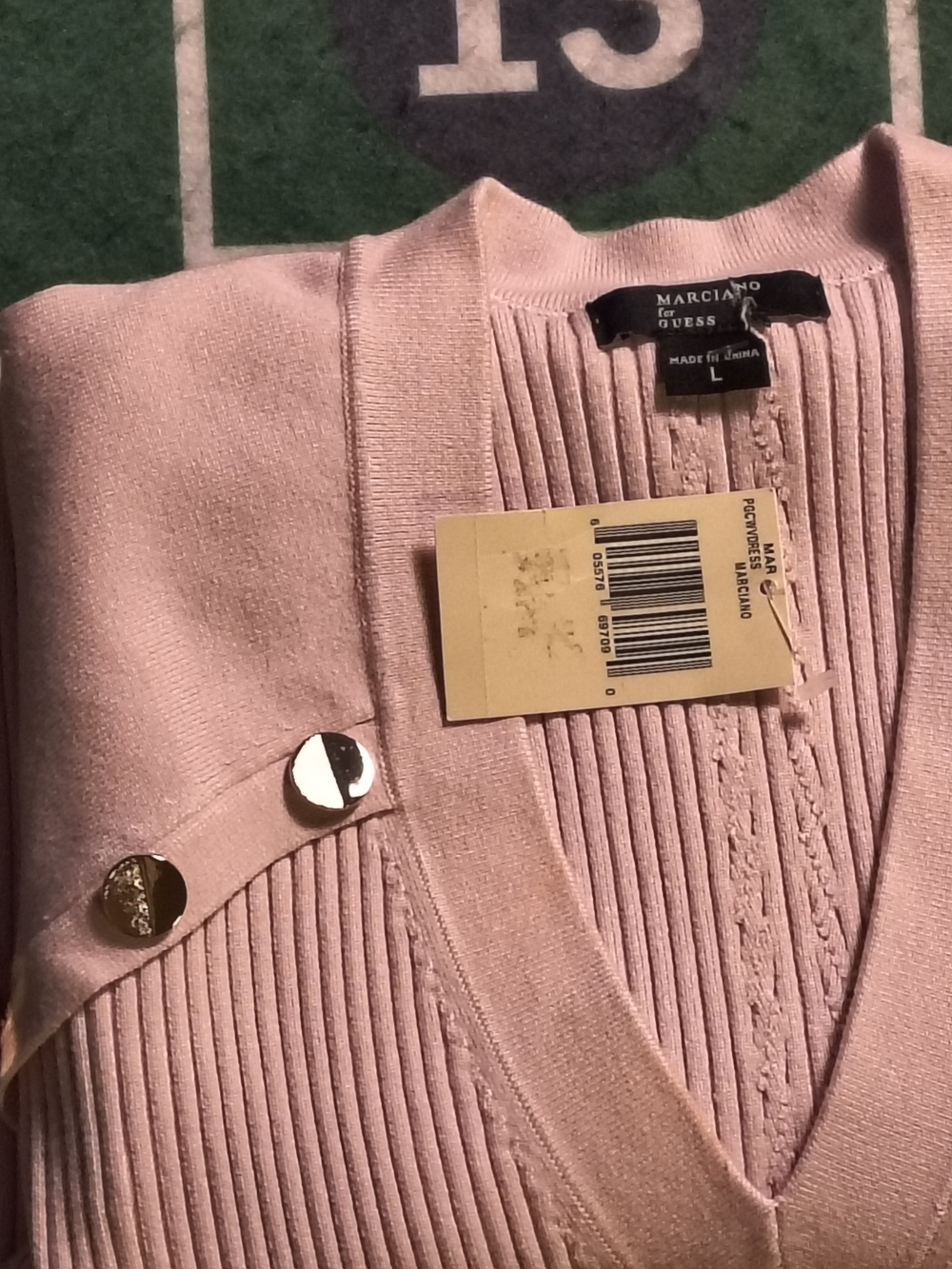 NWT Guess by Marciano Barbi Mauve Pink Ribbed Gold Button Sweater Dress L - Picture 14 of 14